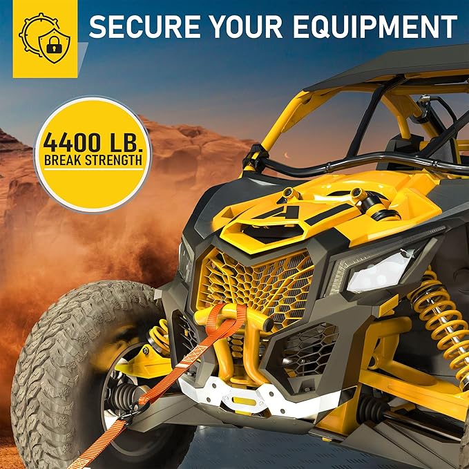 AUGO Heavy Duty Ratchet Straps & Soft Loops – Pack of 4 Extra Strong 1.5” by 15’ Ratchet Straps w/S-Hook Safety Latches & 4 Soft Loop Tie Downs – 4400Lb Break Strength for Motorcycles, ATVs, Etc.