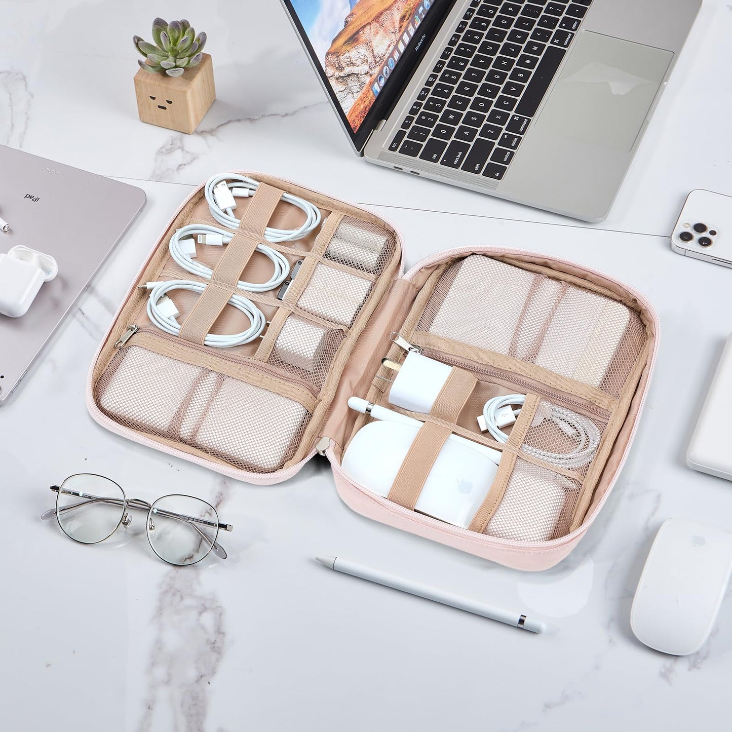 NISHEL Travel Cord Organizer Case, Tech Electronic Bag, Essentials for Charger, Cable, Phone, Hard Drive, USB, SD Card, Pink