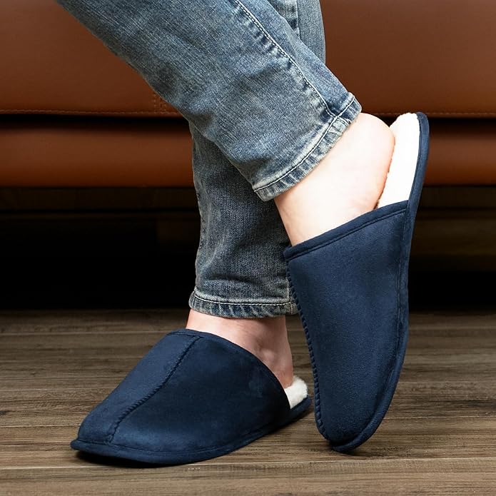 Men's Scuff Slippers with Memory Foam, Faux Suede Open Back House Slip-ons, Non-slip Indoor/Outdoor Soles, Unique Gifts, Sizes 8-15