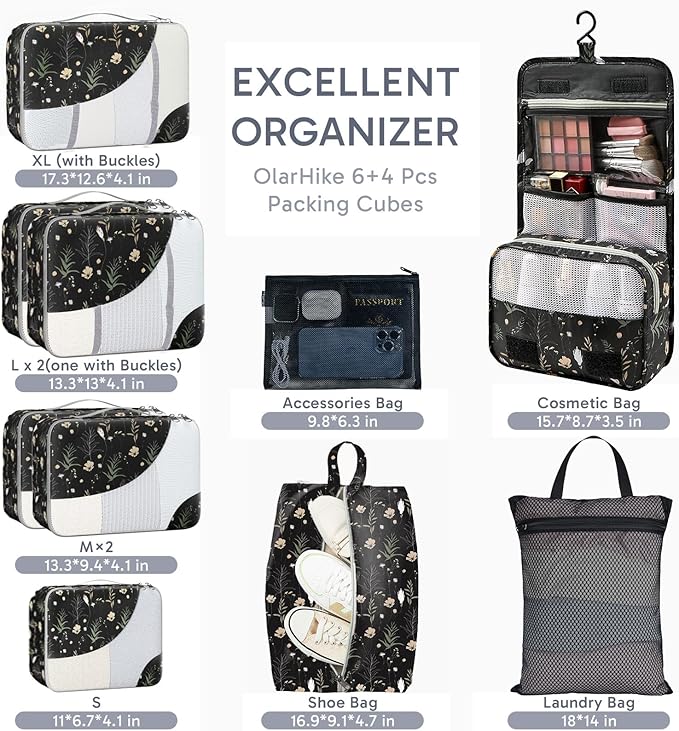 ALL INCLUDED 10 Set Durable Packing Cubes for Suitcases,OlarHike Essentials for Travel,UPGRADED Anti-Tear Stitching, NEW Improved Luggage Packing Organizers for Travel Accessories, Black Flower