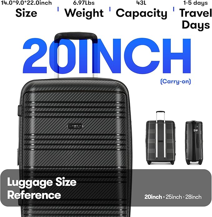 20 Inch Carry on Luggage 22x14x9 Airline Approved Hardside Suitcase with Spinner Wheels TSA Lock, 20-Inch, Black