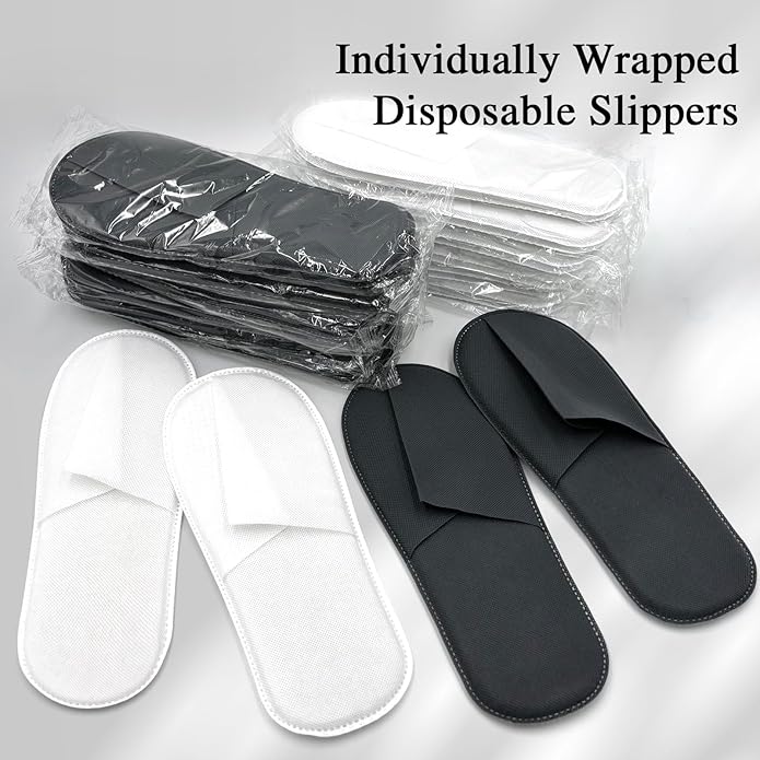 50 Pairs Disposable Slippers Bulk – 25 White & 25 Gray Disposable Slipper for Guests, Hotel Spa Guest Slippers Closed‑Toe for Travel Home