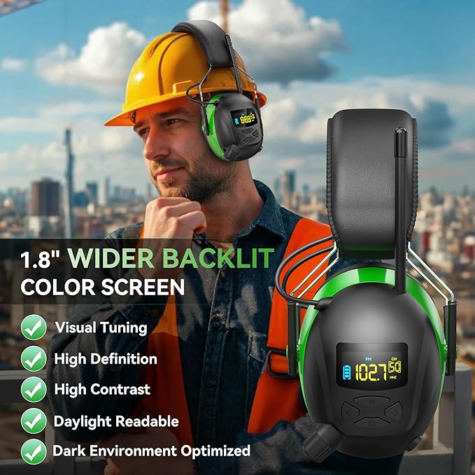 2025 AM/FM Radio Ear Protection Headphones with Backlit Digital Display, 120H Working Time, Rechargeable Hearing Protector, 30dB Noise Reduction Safety Earmuffs for Mowing, Construction, Work, Green