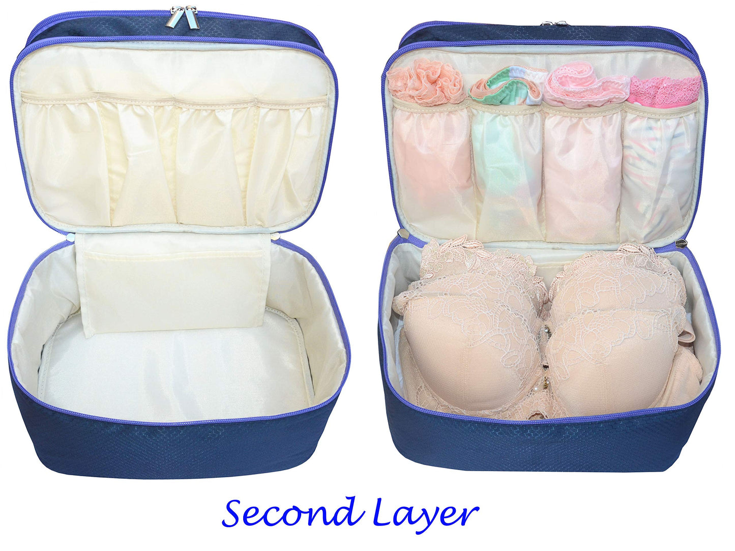 Travel Organizer Underwear Bag - Large Double Layer Packing Storage Bag - Fits Large Bra, Socks, Underpants, Cosmetic, Toiletry kit (Dark Blue)