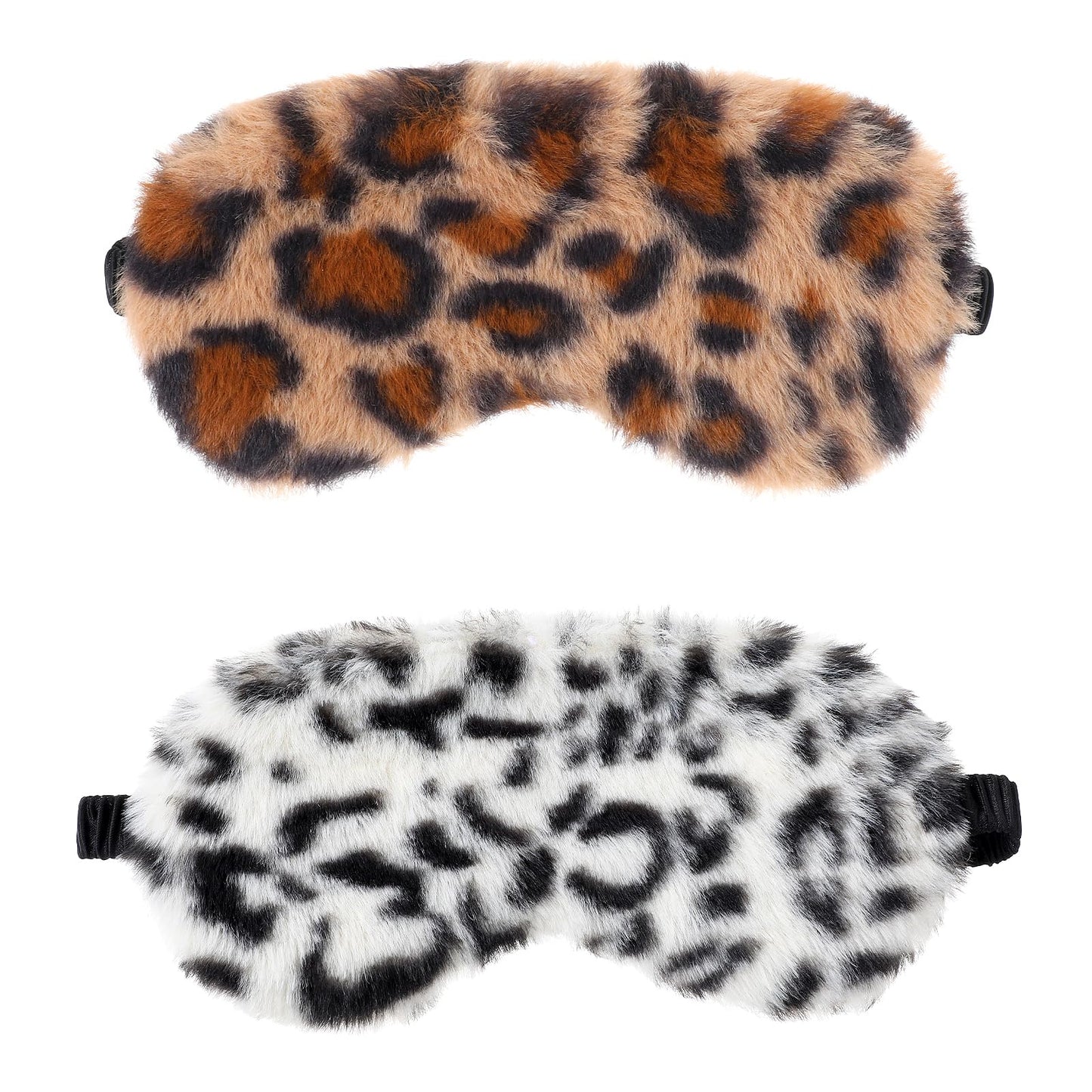2 Pcs Plush Leopard Eye Mask Soft Sleeping Blindfold Eye Cover Comfortable Furry Faux Fur Sleeping Mask Satin Nap Night Eyeshade Cover for Women Men Gift (Brown, White)