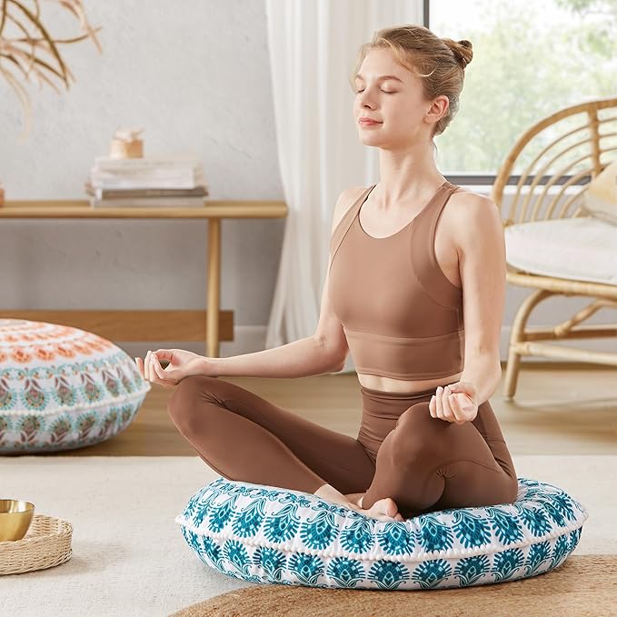 Codi Meditation Floor Pillow, Round Large Pillows Seating for Adults, Bohemian Mandala Circle Cushion for Outdoor Fireplace Yoga Living Room, 32 Inch, Memory Foam Added, Aqua