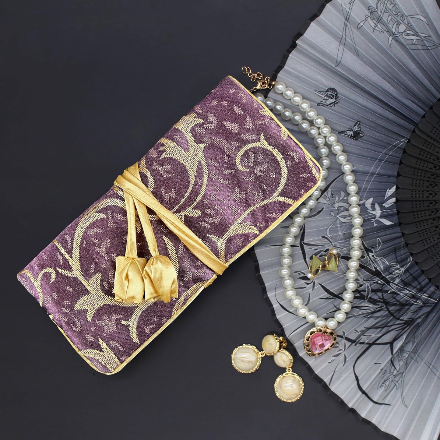 Purple Travel Jewelry Bag Roll, Elegant Violet Jewelry Organizer Roll Foldable Jewelry Pouch for Traveling Rings & Necklaces & Earrings, Luxury Gift, with Zipper Pockets Inside (Purple,Matte)