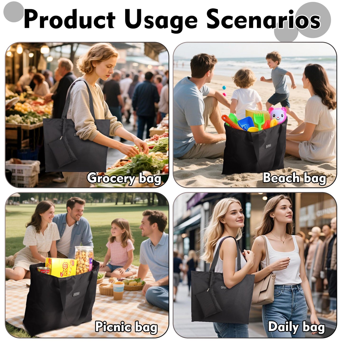 AOTIAN Heavy Duty 20 Liter Reusable Grocery Bags, Thickened Tear-Resistant Polyester Fabric Foldable Machine Washable Shopping Bags, Zipper Closure Water-Resistant Large Tote Bag Travel Gym Beach Bag