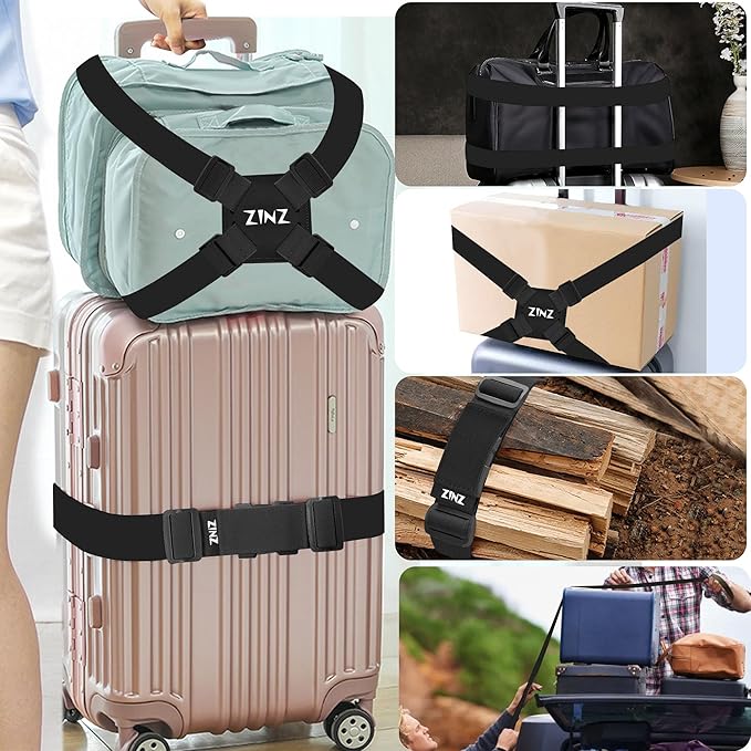 2-Pack Elastic Luggage Straps with Suitcase Bungee, Adjustable Bag Belt Travel Accessories -Black