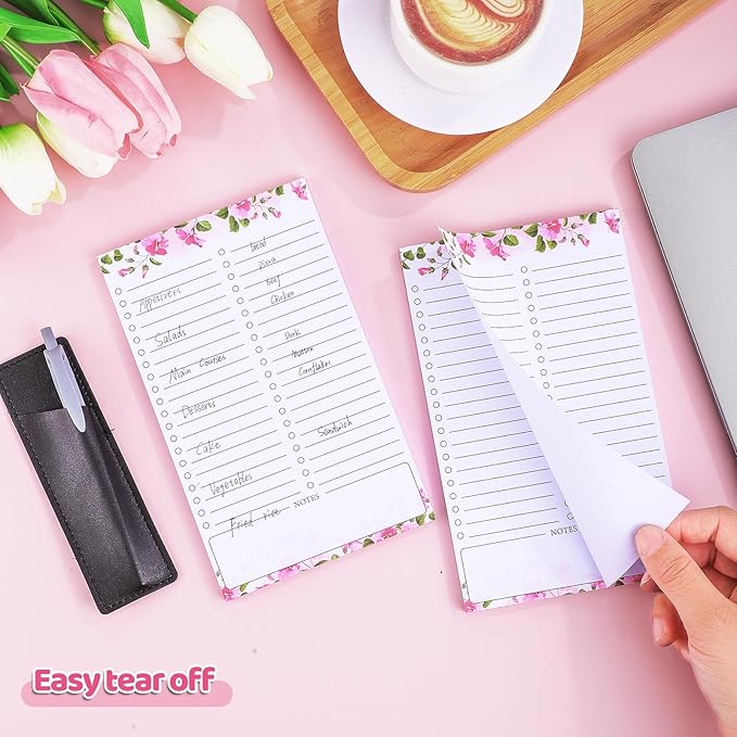 2 Pack Grocery List Magnet Pad for Fridge with Pen Holder, Totally 120 Sheets Magnetic Note Pad for Fridge Full Back Magnet Shopping List, To Do List, Memo Notepads, 4.5x7.5"(Pink Flower)