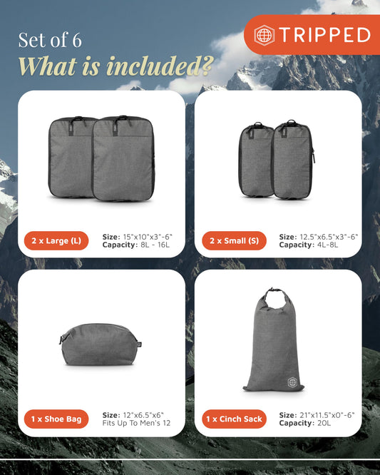 Premium Compression Packing Cubes for Travel, Compression Packaging Cube, Zip Bags Premium 6-Piece Set with laundry bag and shoe bag by TRIPPED Travel Gear (Grey)