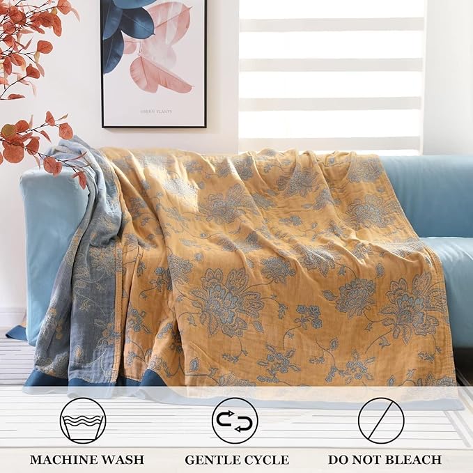 Boho Throw Blanket for Bed 100% Cotton Ultra Soft Rustic Quilt Fall Blanket Floral Printed Farmhouse Decor Bed Blankets,80"×90" All Season Rustic Throw for Sofa Couch Chair