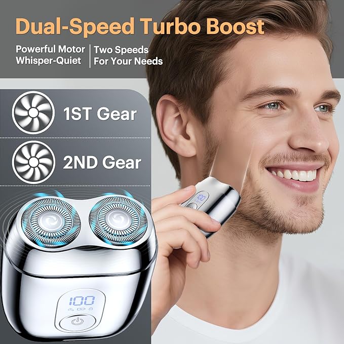 All-Metal Mini Electric Shaver for Men – Portable Travel Razor with Mirror Cap, Smooth & Close Shave, LED Display, USB-C Fast Charge, Wet/Dry Waterproof – RX40 Silver