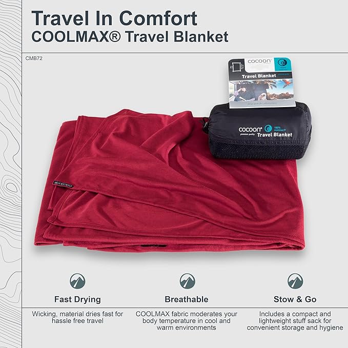 cocoon - Coolmax Travel Blanket | Compact Throw Blanket for Camping and Hiking | Fits in Backpack | Attaches to Luggage | Travel Essential | Fast Drying (Regular 70" x 55")