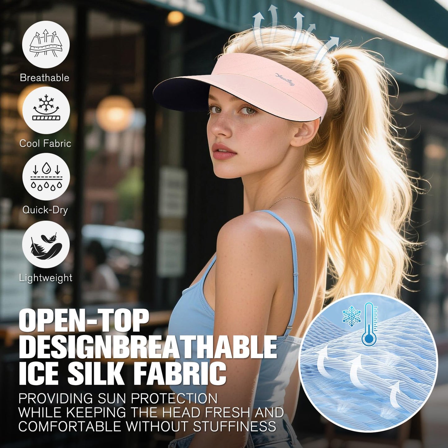 YANIKY Sun Visor for Women Wide Brim Summer UPF50+ UV Protection Seamless Sun Hats Foldable Beach Cap (US, Alpha, One Size, Pink)