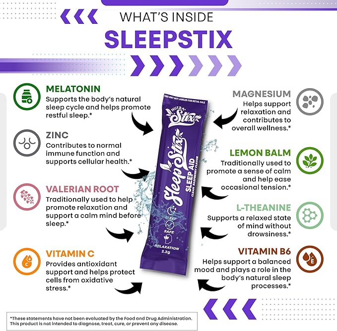 Sleep Aid Melatonin Powder Tryptophan Glycine Valerian Root Magnesium For Sleep Lemon Balm L Theanine Magnesium Glycinate Zinc Sleep Aid Myo Inositol GABACalm B6 5 HTP Stress Relief 20 Stix