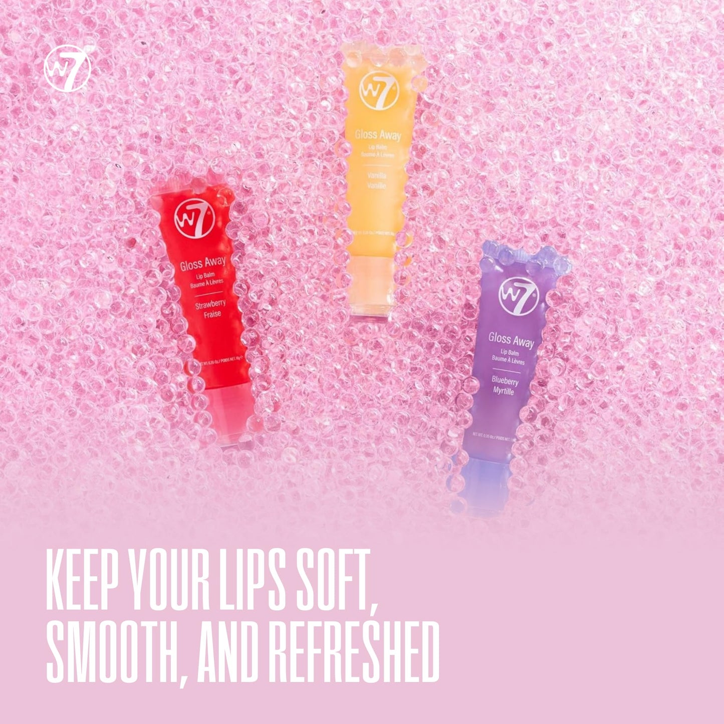 W7 Gloss Away Trio - Hydrating Lip Balm Gift Set with Shea Butter & Fruit Extracts - Restores Chapped & Dry Lips - Vegan & Cruelty-Free - Blueberry, Vanilla, Strawberry