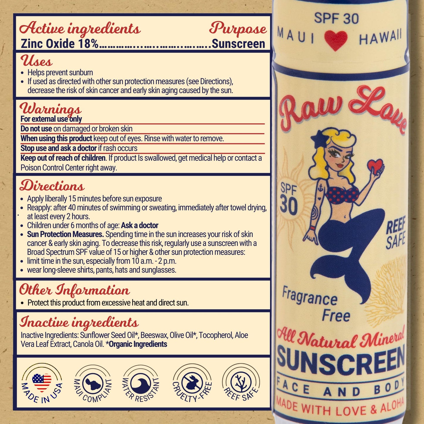 Raw Love Face Sunscreen Stick SPF 30 | Mineral Zinc Oxide + Organic Ingredients | Reef Safe Travel Sunscreen Stick for Face & Body | Fragrance-Free, Water Resistant, Safe for Kids and Babies | 0.6 Oz