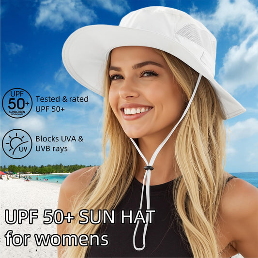 Connectyle Women's UPF 50+ Safari Sun Hat Ladies Sun Hat Wide Brim Bucket Hats Breathable UV Protection Fishing Hats White
