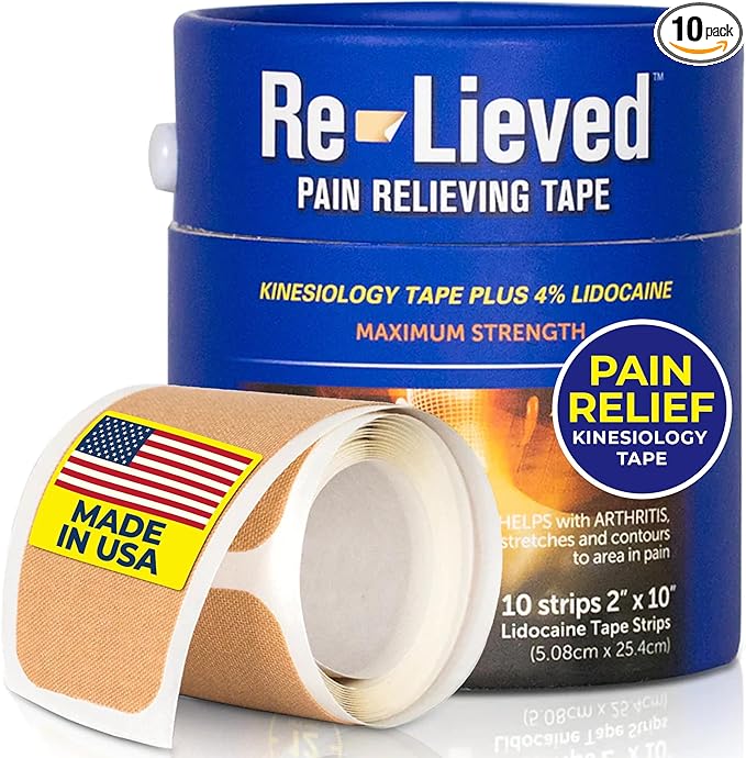 4% Lidocaine Maximum Strength Pain Relief Kinesiology Tape - Relieves Back, Joints and Muscle Pains - Superior Sticking, Aluminum-Free Water Resistant, and USA Made - 2" x 10" Strips