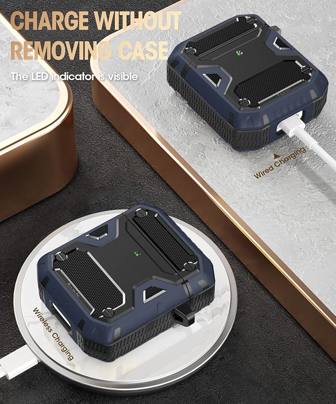 Koaichi Compatible with AirPods Case, Full-Body Rugged Hard Shell Protective Case Cover with Keychain Designed for AirPods 1st & 2nd, Black/Blue