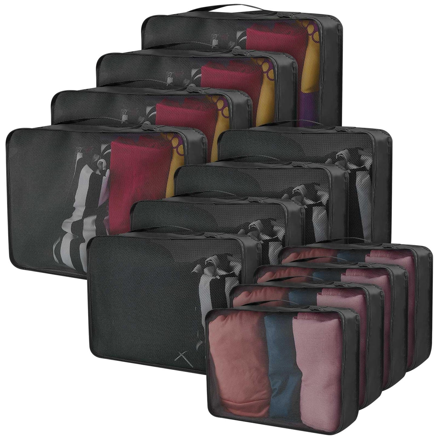 Silkfly 12 Pcs Packing Cubes for Suitcase Travel Luggage Bags Bulk Mesh Organizer Set for Hiking Camping Backpacking Clothes Accessories (Black,XL, L, M Size)