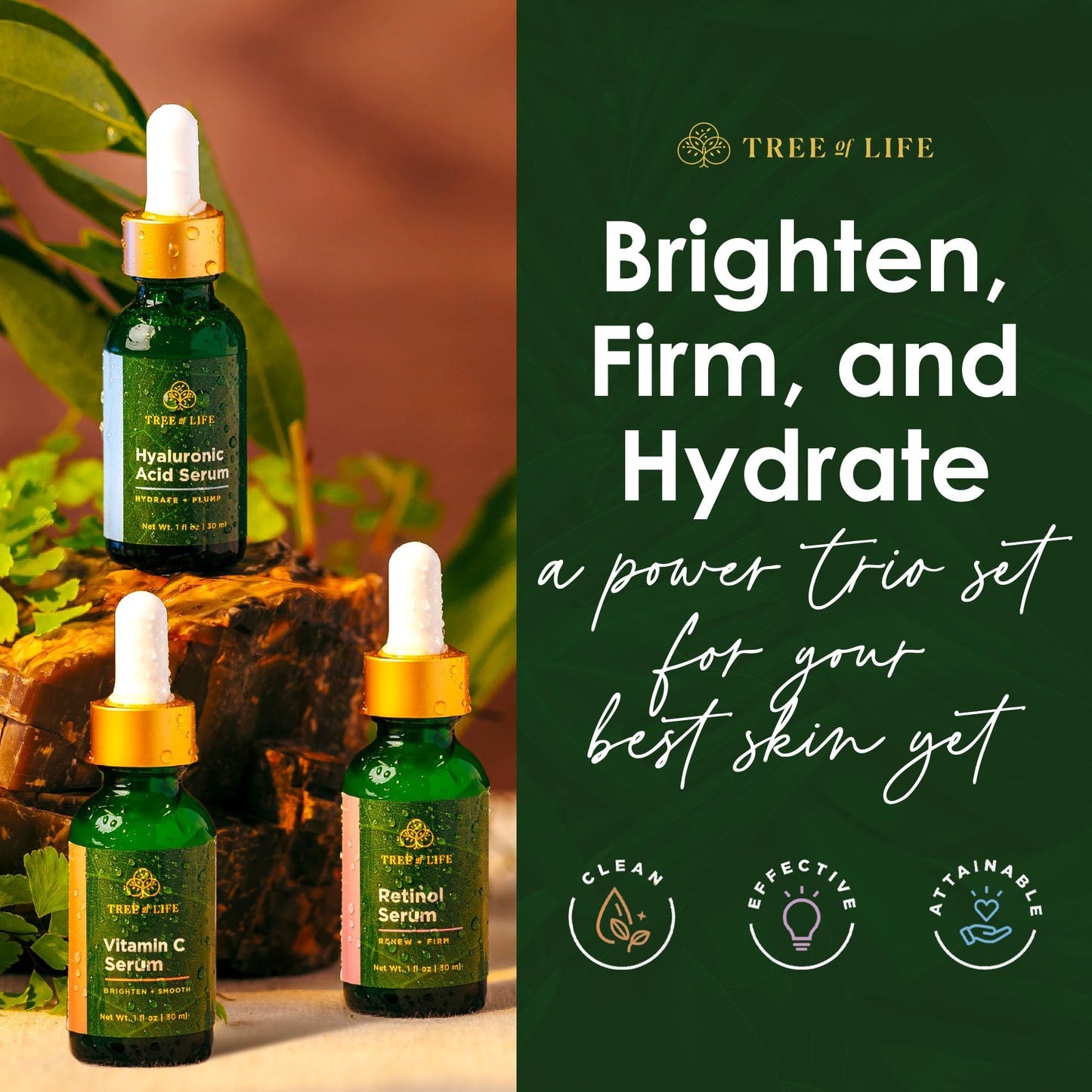 Tree of Life Beauty Facial Skin Care Set, Brightening, Firming, Hydrating, Dry Face, Dermatologist Tested - Trio Power Kit, Vitamin C, Retinol and Hyaluronic Acid, 3 count of 1 Fl Oz