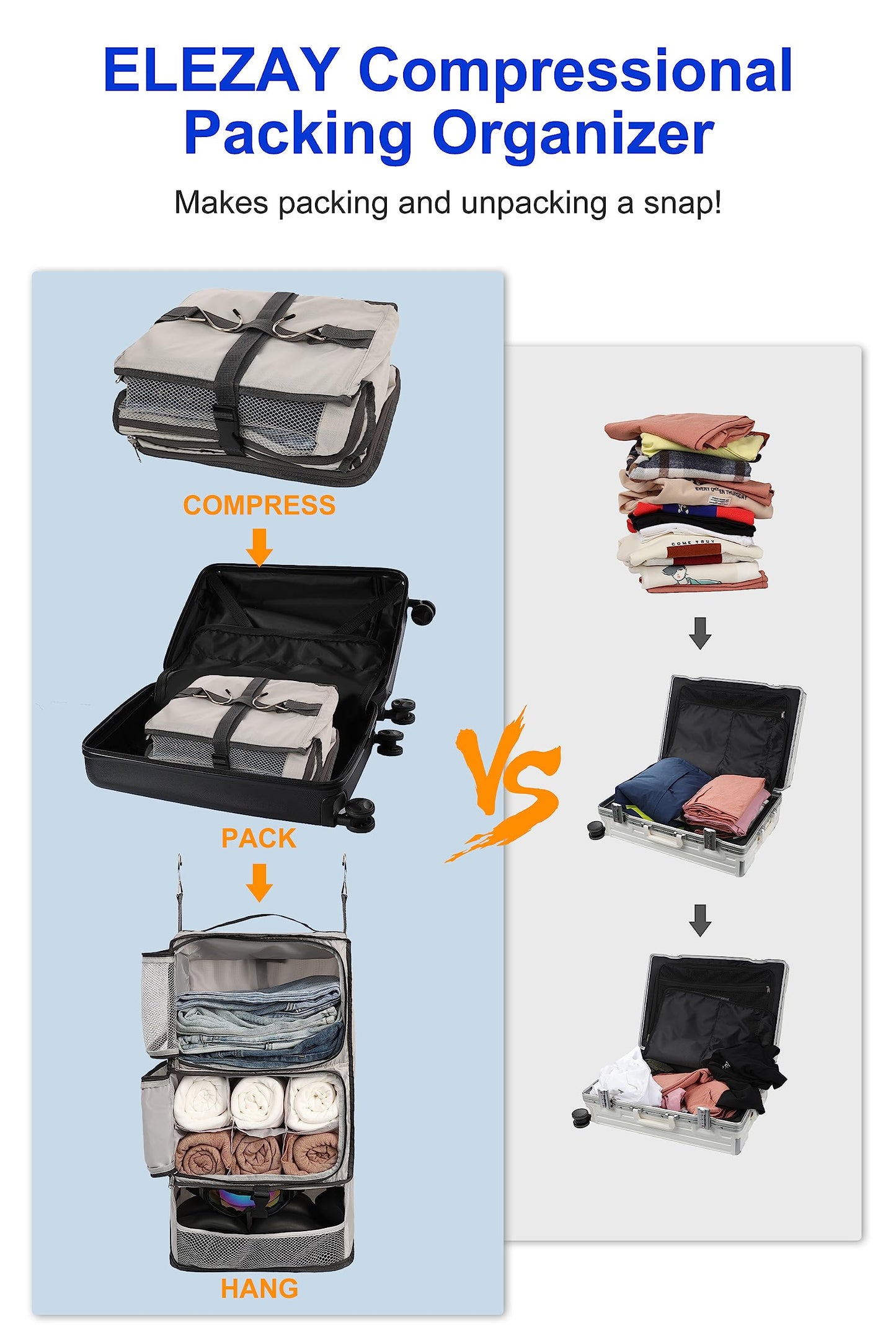 ELEZAY Hanging Packing Cubes Portable Closet 3-Shelf Travel Collapsible Compression Garment Organizer for Carry-on Luggage Suitcase Space Saver Bag X-Large_No Side Pockets, Lightgrey