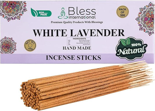 Bless-White-Lavender 100%-Natural-Handmade-Hand-Dipped-Incense Organic-Chemicals-Charcoal-Free Purification-Relaxation-Positivity-Yoga-Meditation Best-Woods-Scent (500 Sticks(26 OZ))