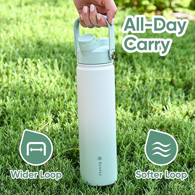 24 oz Insulated Water Bottle, 2-in-1 Lid, Straw & Spout with Protected, Leak Proof, Keep Cold, Stainless Steel, Metal, Reusable, Handle, for Travel, Gym and School, 2 Lids, Iced Mint