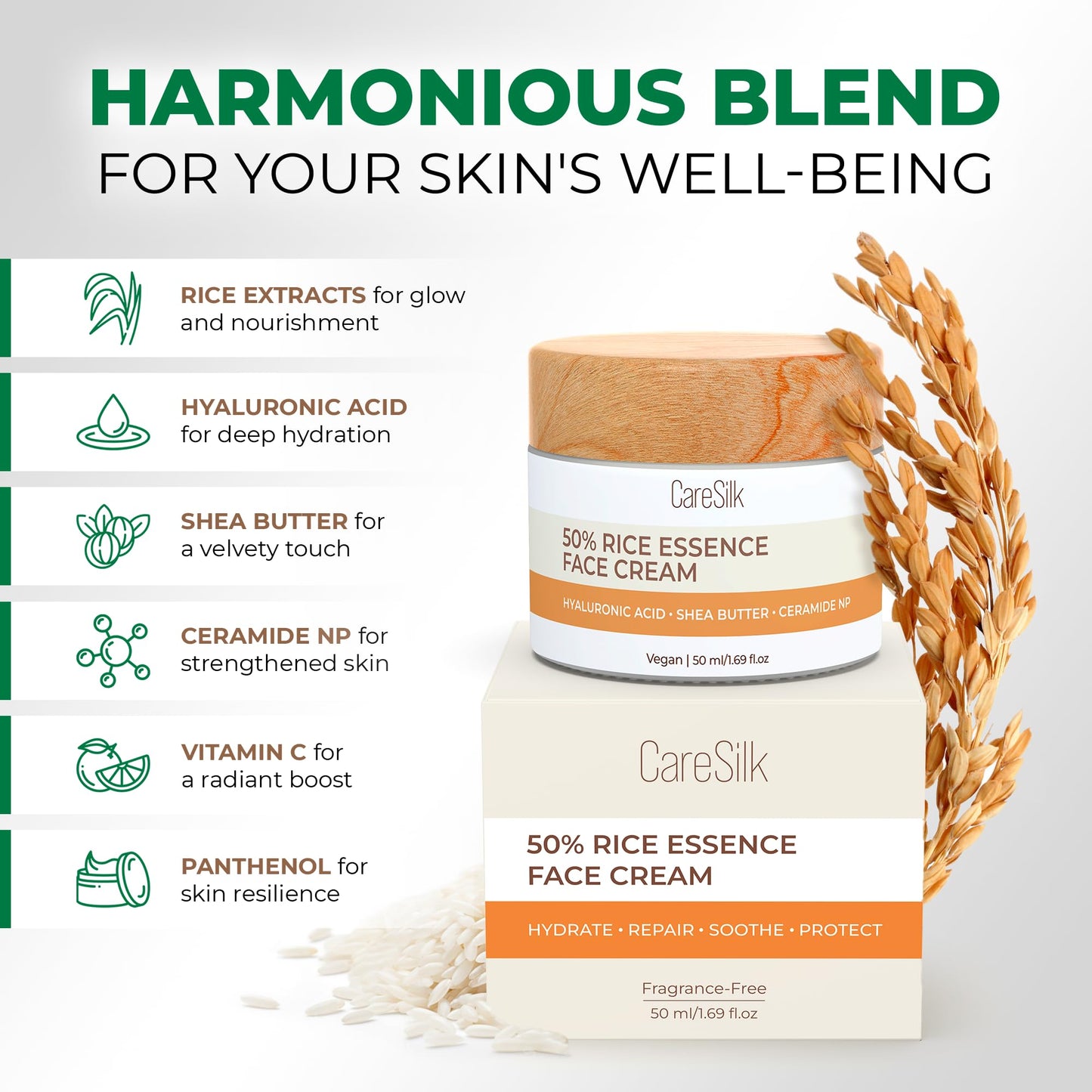CARESILK Rice Cream for Face - Organic Rice Ceramide Moisturizing Cream with Hyaluronic Acid - Natural Rice Eye Cream - Vegan Facial Essence - Face Cream