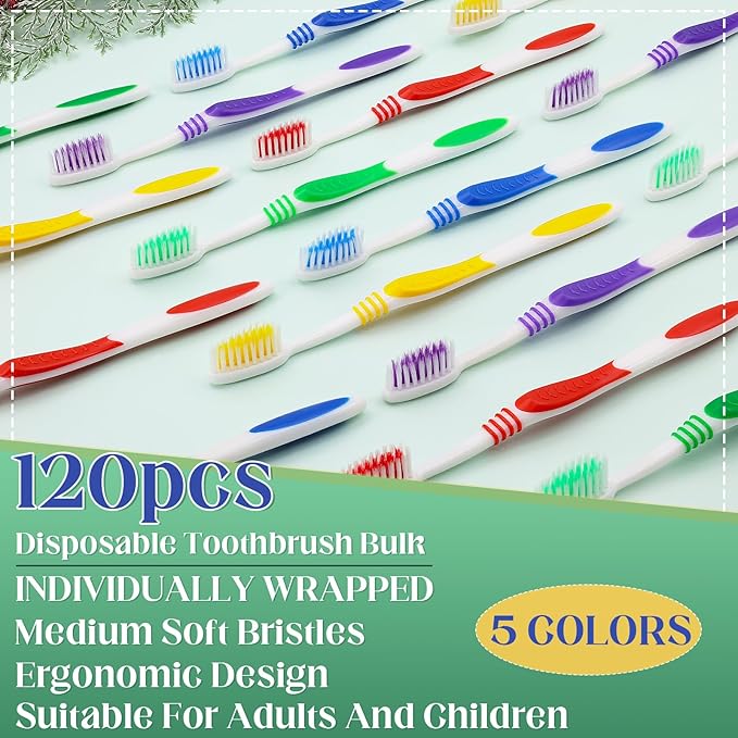120 Pcs Toothbrush Bulk Disposable, Travel Toothbrushes Pack, Soft Bristle Individually Wrapped and Good Cleaning for Kids, Adult and The Elderly. Suitable for Hotel, Travel, Home, Donated