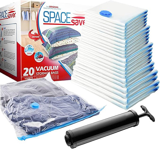 20-Pack Variety Vacuum Storage Bags for Comforters, Blankets & Clothes – Vacuum Sealed Compression Bags with Hand Pump – Space Saver Storage Bags for Bedding,Travel & Organization (5S, 5M, 5L & 5XL)