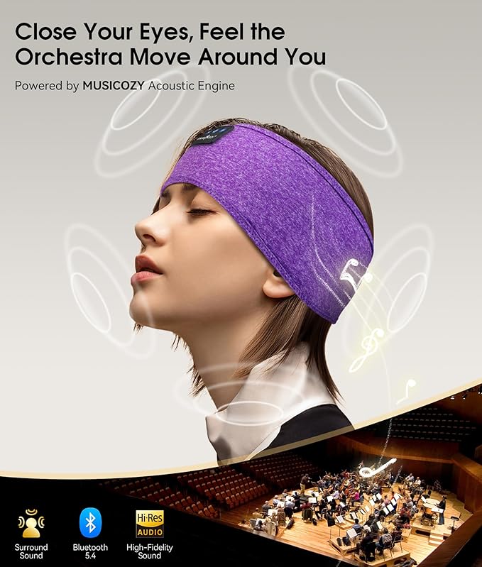 MUSICOZY Sleep Headphones Bluetooth 5.4 Headband, Wireless Earphones Music Sleep Earbuds Sleeping Eye Mask with HD Stereo Speakers for Workout Running Travel Yoga, Ideal Gifts for Women Men