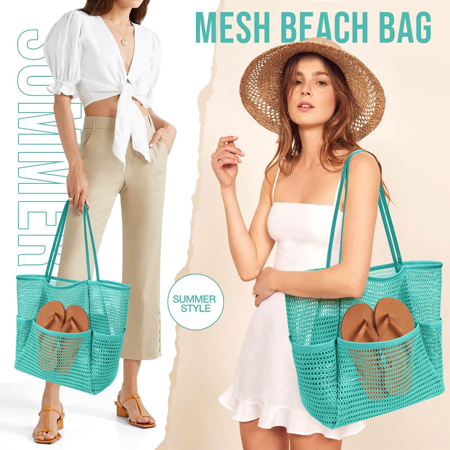 KPX Beach Bag with Mini Pocket, Beach Tote Bags for Women Large Foldable Mesh Swimming Pool Travel Bags - Sandproof (Teal)