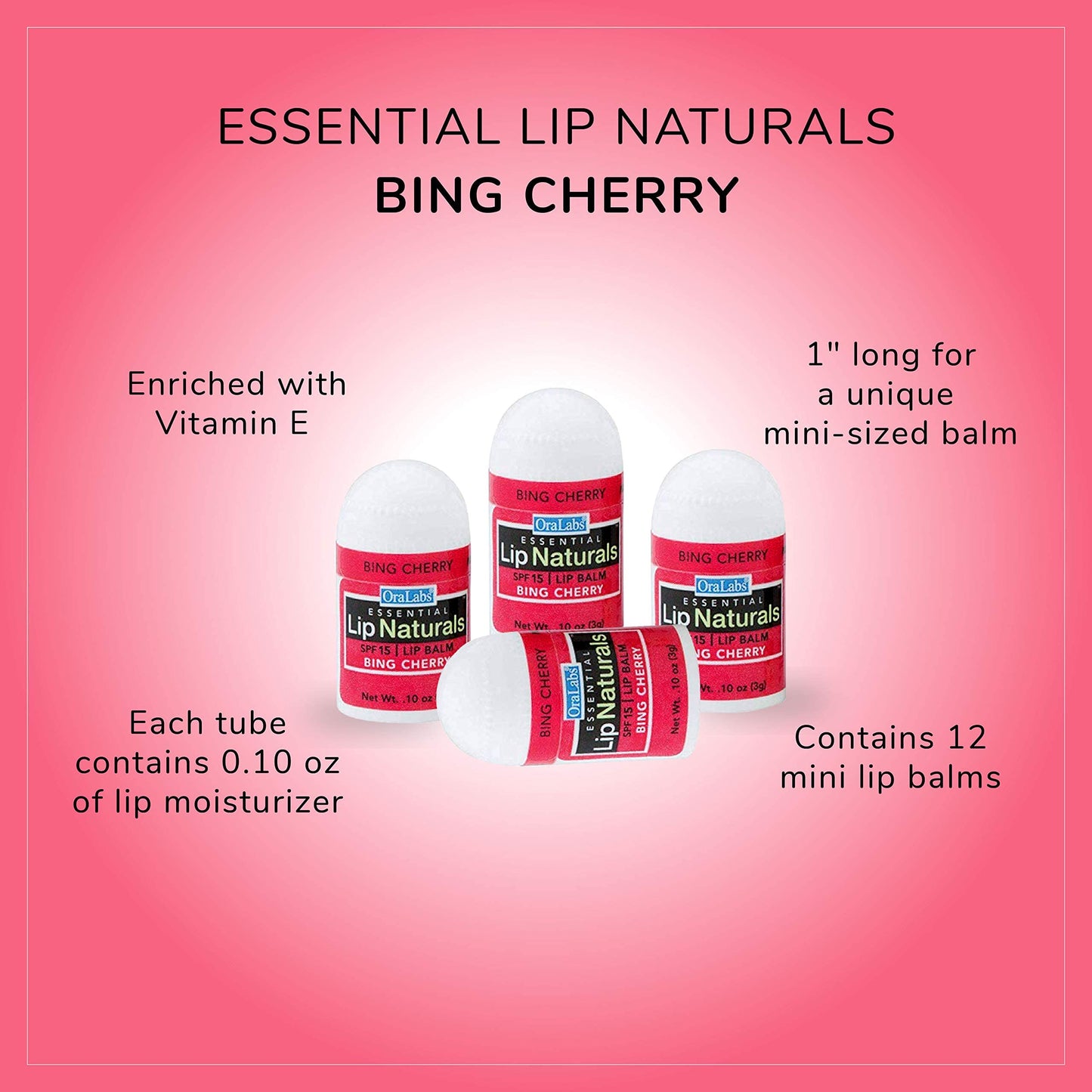 Lip Naturals® | Mini Bing Cherry Lip Balm with Sunscreen (SPF-15) | Made in USA with Beeswax & Coconut Oil | 12-Count Mini Lip Balm Pack with Bing Cherry Flavor (0.10oz/3g Each)