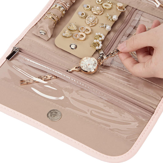 NISHEL Travel Jewelry Organizer Case, Foldable Storage Roll for Necklaces, Earrings, Bracelets, Rings, Watch, Pink
