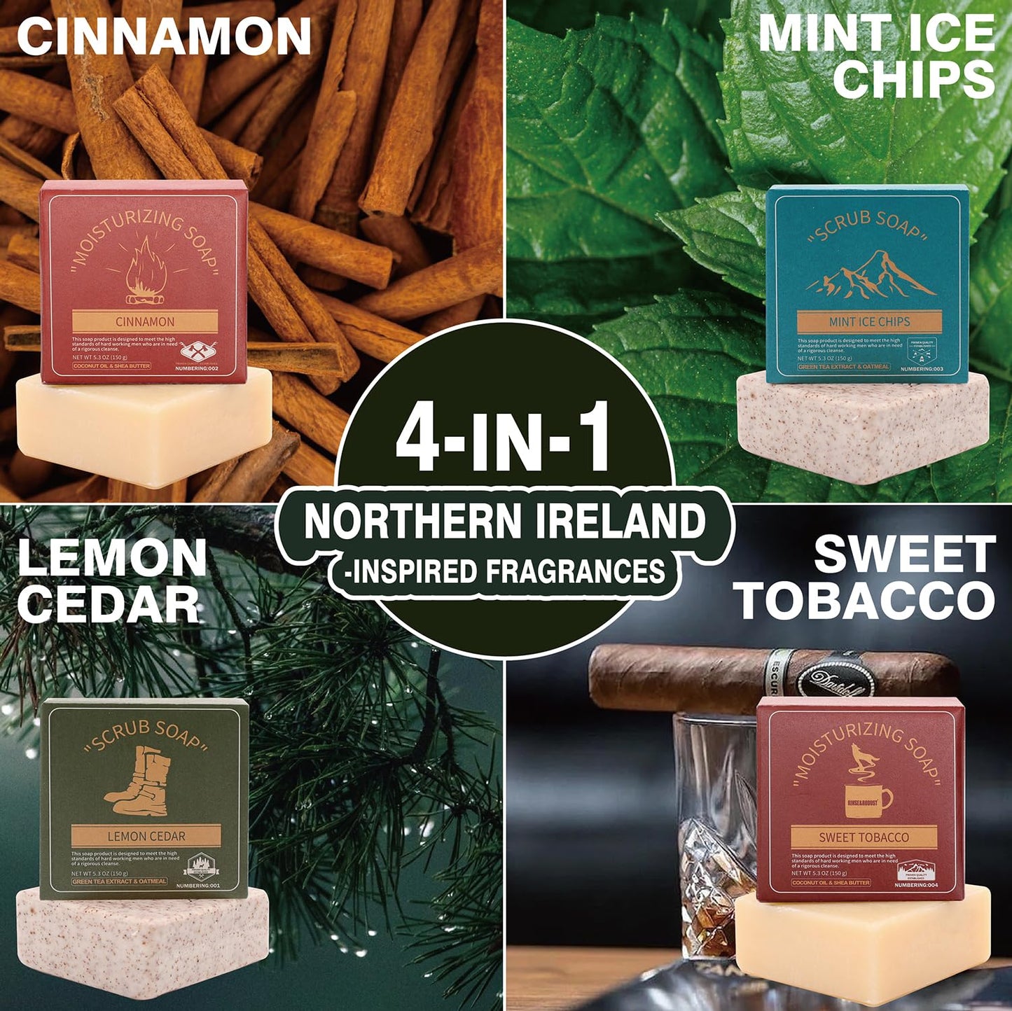 Rinse & Robust Mens Bar Soap Cleansing Bar Moisturizing & Exfoliating Scrub Soap Gift Set for Men | 4 in 1 Face Body Hand Beard Wash | Cinnamon, Lemon Cedar, Mint Ice Chips, Tobacco | 5.3 oz of 4 Bars