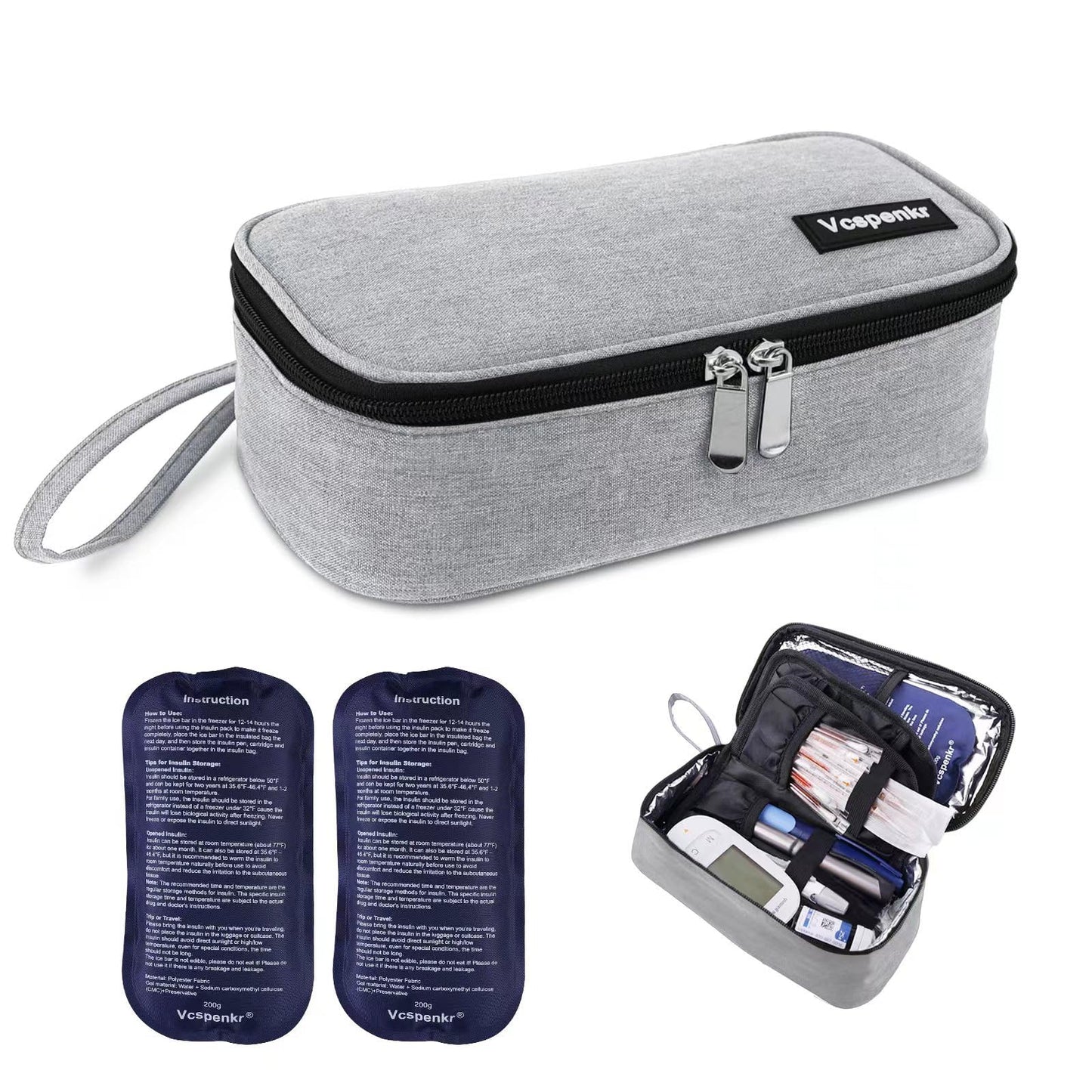 Vcspenkr Insulin Cooler Travel Case, Diabetic Medicine Carrying Bag with 2 * 200g Ice Packs, Large Capacity Insulated Organizer Medication Cooler Bag for Insulin Pens and Diabetes (Gray)