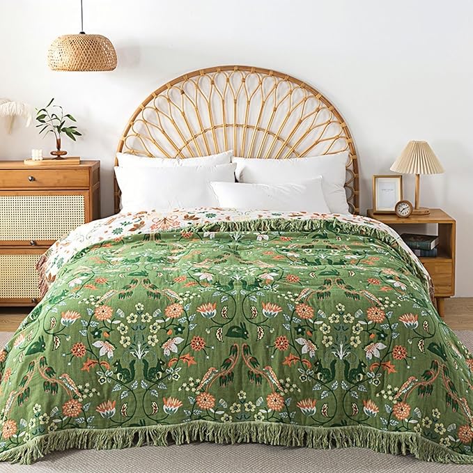 100% Cotton Throw Blankets 60"x80", Versatile Green Boho Blankets for All Season,Sofa Couch Beding Livning Throw Blankets Soft Cozy Farmhouse Musin Blanktes Best Gifts for Women