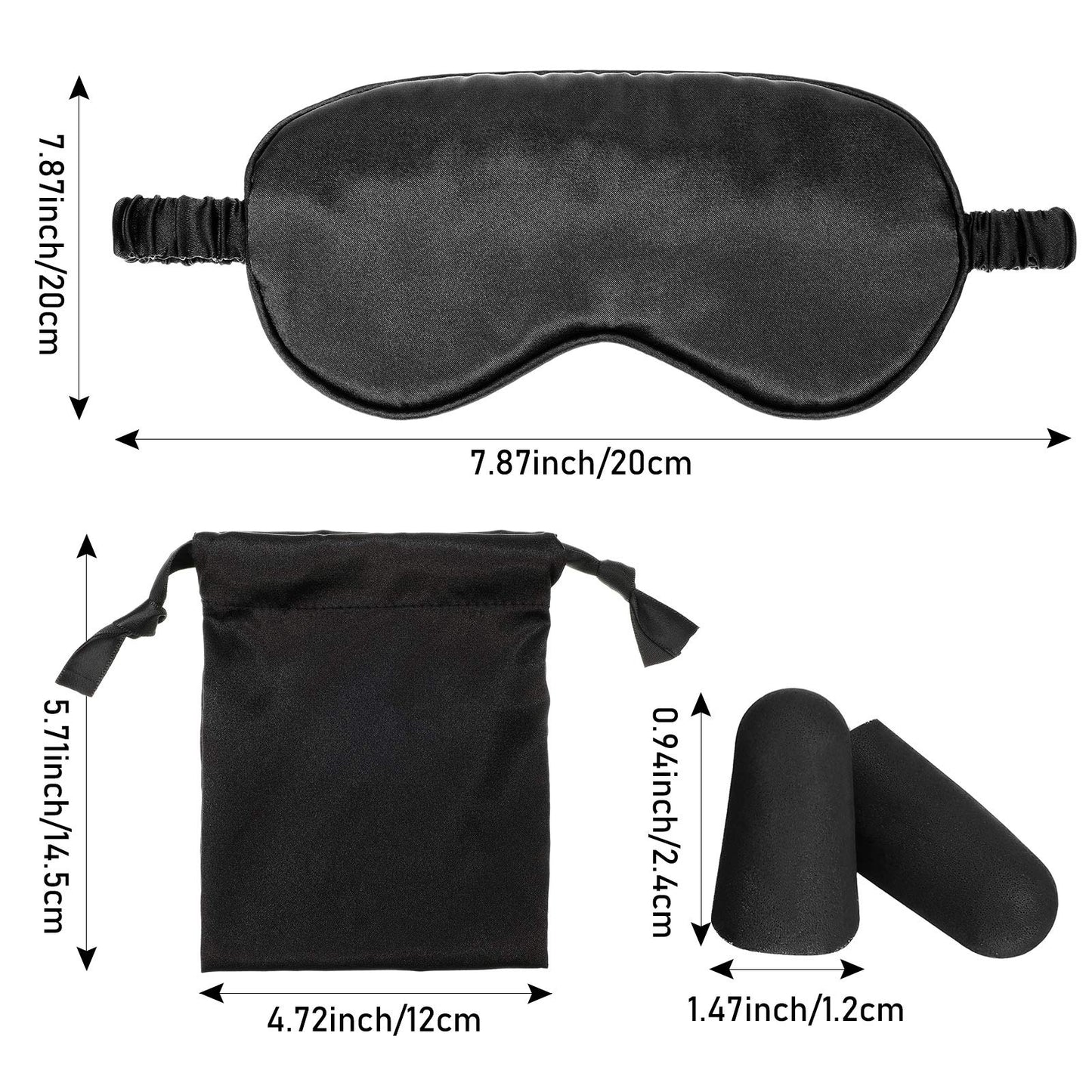 Silk Satin Sleeping Mask Eye Mask Set Include 2 Blindfold Eyeshade Elastic Strap Double Layer Silk Filling Eye Cover 2 Ear Plugs 2 Storage Bags for Women and Men Sleep Travel Nap (Black, Taro Purple)