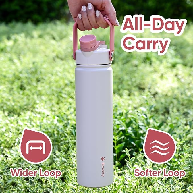 24 oz Insulated Water Bottle, 2-in-1 Lid, Straw & Spout with Protected, Leak Proof, Keep Cold, Stainless Steel, Metal, Reusable, Handle, for Travel, Gym and School, 2 Lids, Pale Pink