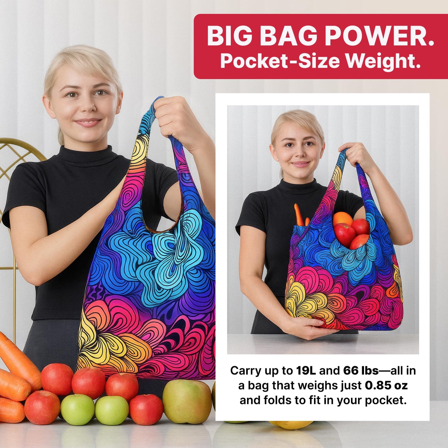 Nanobag Ultra-Lightweight Standard Size Tote Bag for Women & Men, Heavy Duty Reusable Grocery Bag, Foldable Travel Shopping Tote, Packable Cloth Bag with Handles, Washable Market Tote (Black)