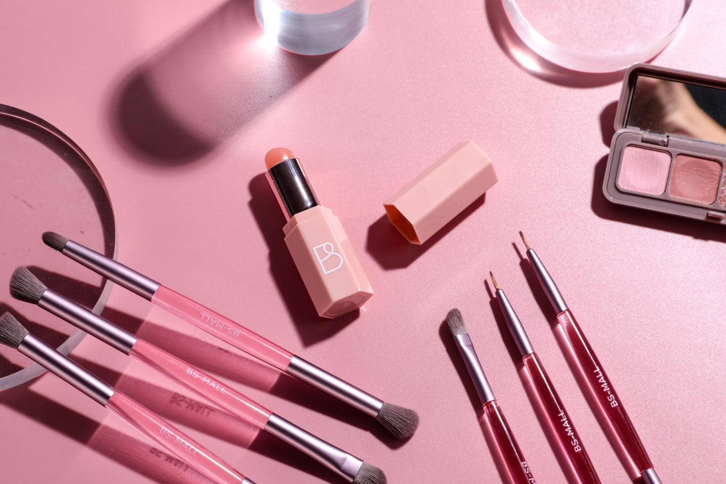 BS-MALL 6 Pcs Double-ended makeup brush set with Silicone Lip brush - eyeshadow Brush, concealer Brush, blush brush for Even application, Multi-purpose Portable makeup brushes for Daily Use (Pink)