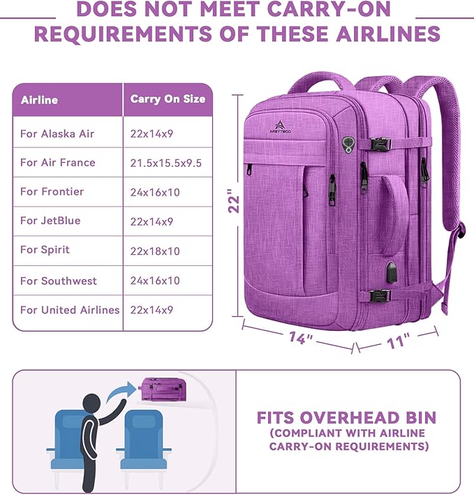 60L Carry On Backpack, Extra Large Laptop Backpack, Big Capacity Travel Backpack for Women, Expandable Water Resistant Bag Anti-Theft Business Daypack Fit 18 Inch Laptop with USB Port,Purple