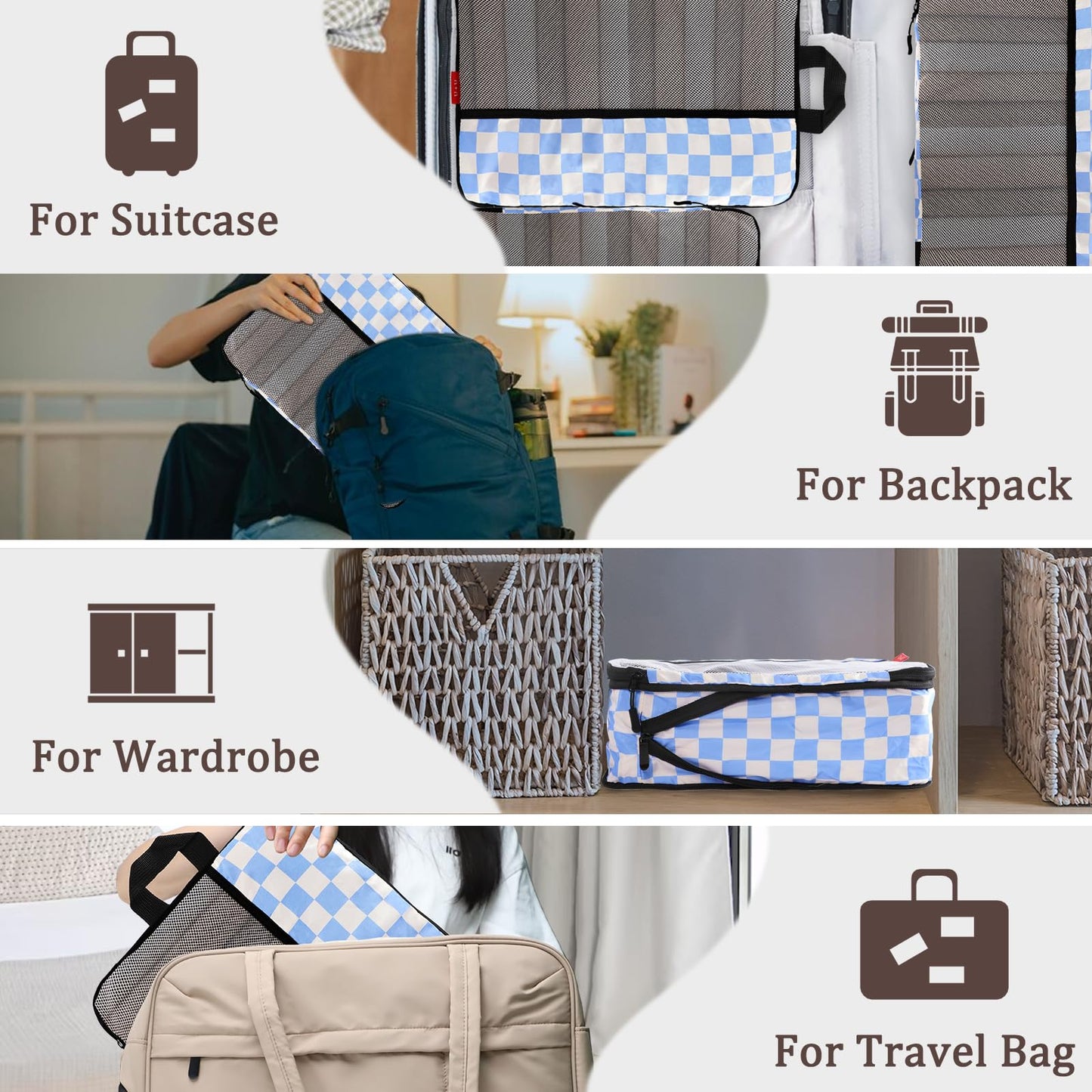 U+U 4 Set Compression Packing Cubes - Ultralight Travel Organizers, Space-Saving Suitcase Organizer, Expandable Packing Cubes for Travel, Business Trip and Family Vacation (Blue Checkered)