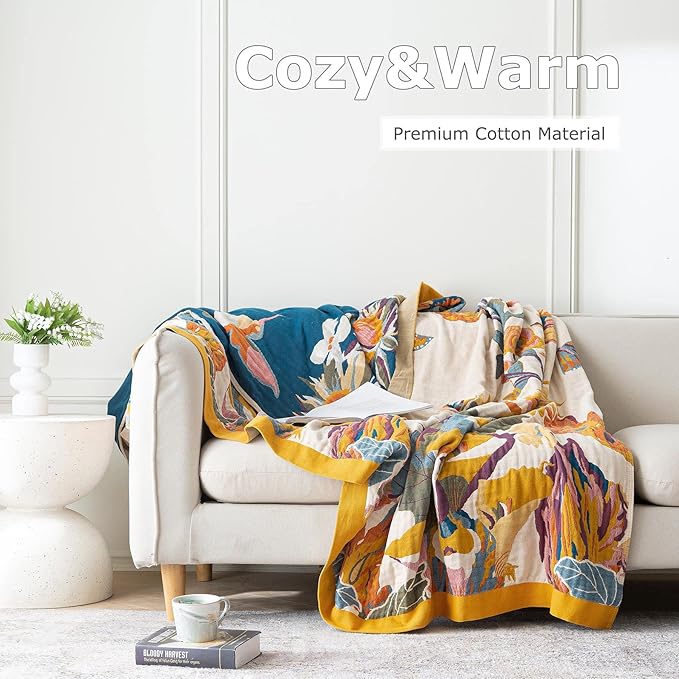 Boho Throw Blanket for Bed 100% Cotton Ultra Soft Rustic Quilt Floral Printed Farmhouse Decor Bed Fall Blanket,80"×90" All Season Rustic Throw for Sofa Couch Chair