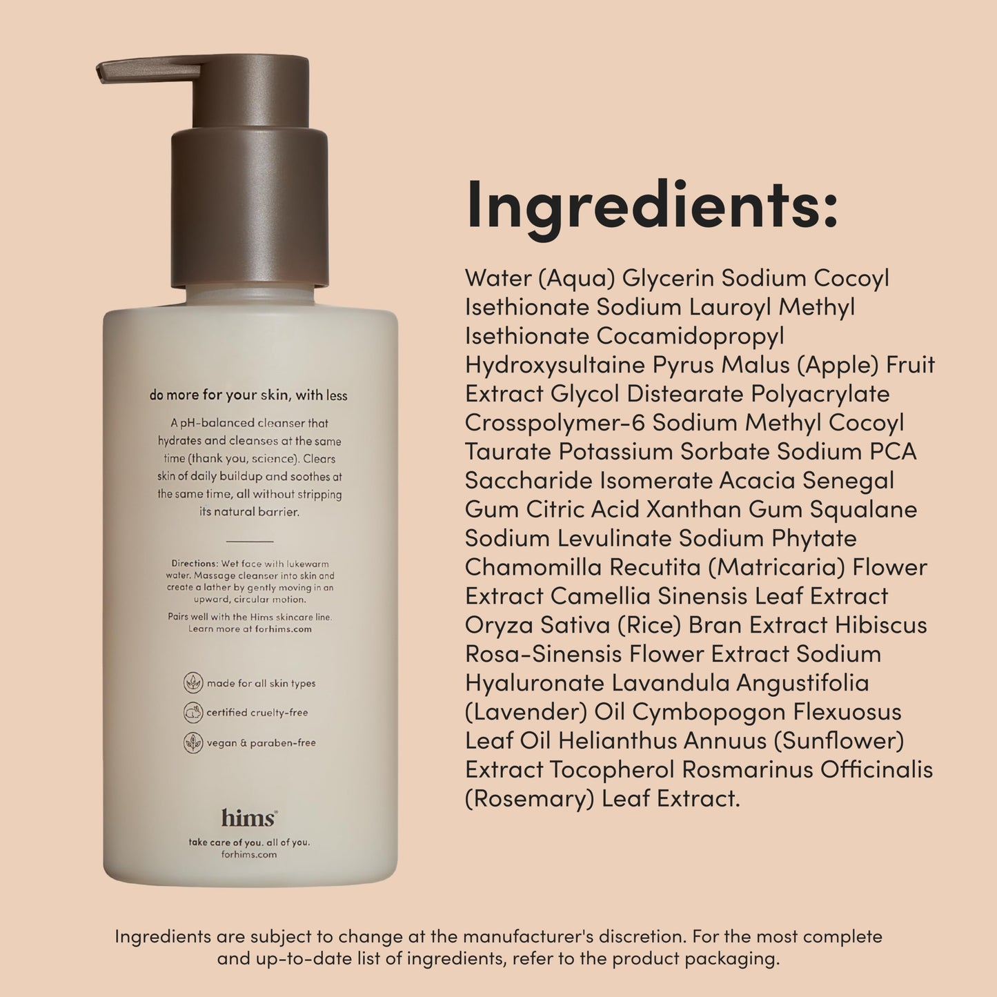 hims High Tide Hydrating Daily Cleanser for Men - Gentle Face Cleanser with Hyaluronic Acid, Squalane and Green Tea Extract - Lemongrass Field Scent