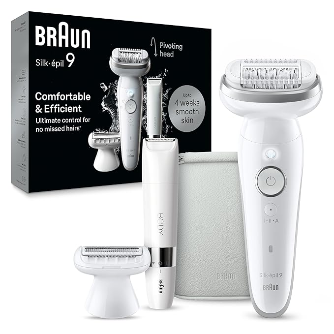 Braun Silk-épil 9 Epilator, Pivoting Head, Wet and Dry, Includes Body Trimmer, Shaver Head and Trimmer Comb,SES9-441