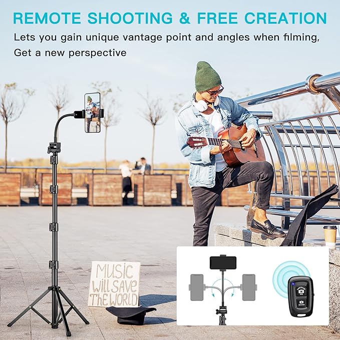 74" Flexible Phone Tripod, Tall Cell Phone Tripod with Adjustable Gooseneck & Remote, Portable Camera Cellphone Stand for Video Recording, Compatible with iPhone Android